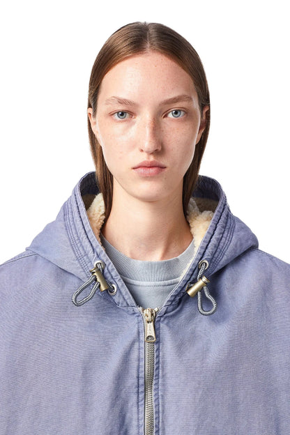 Light-blue hooded zip jacket close-up with toggle fasteners and sherpa-style lining