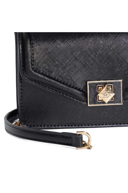 Black crossbody bag front corner close-up with gold-tone clasp and strap hardware