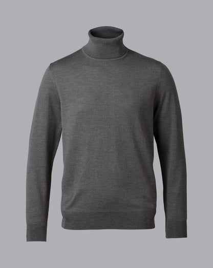 Grey wool turtleneck sweater, long-sleeve knit with ribbed collar