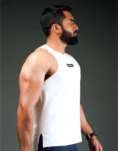White sleeveless tank top with chest logo, side vent