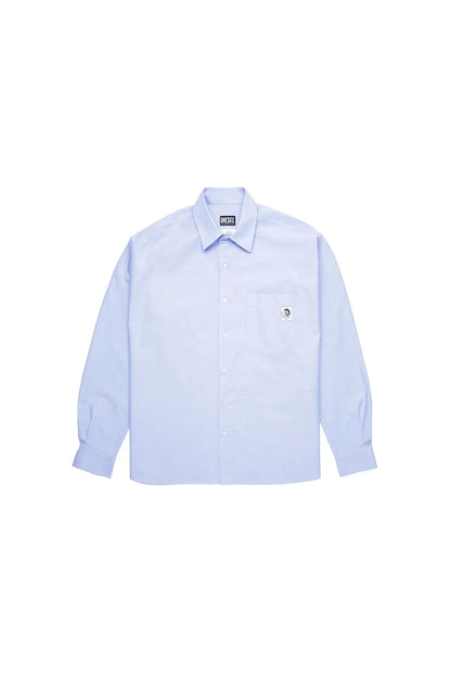 Men's light blue button-up dress shirt, long sleeves, chest pocket logo patch