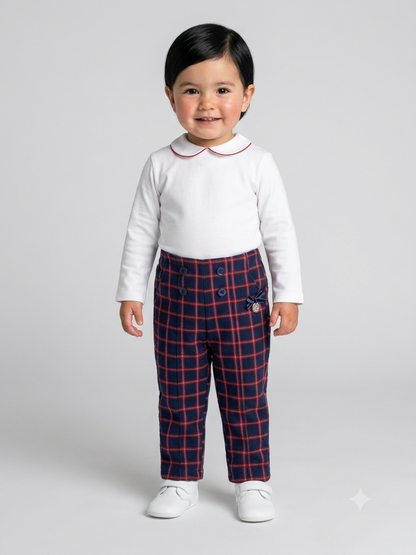 Plaid baby trousers with elastic waistband and button front, on child