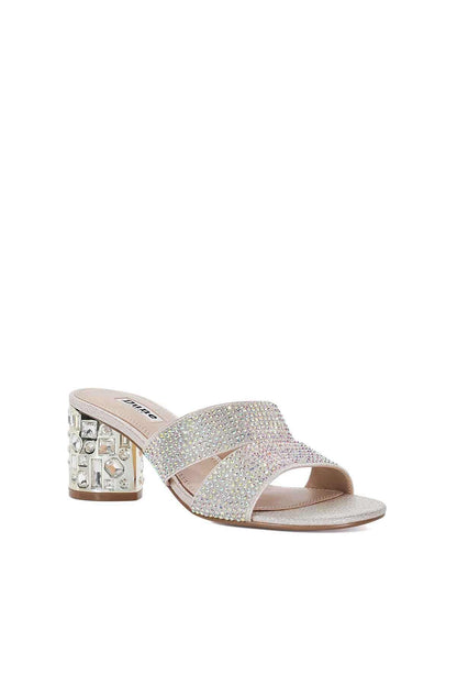 Embellished slide sandal with rhinestone straps and jeweled block heel