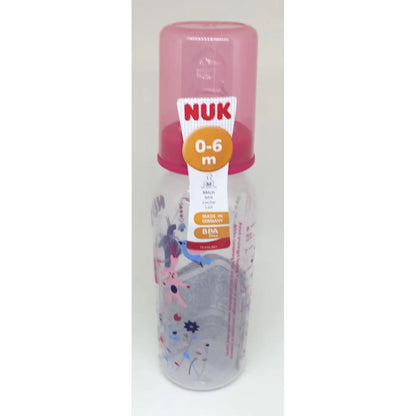 Nuk baby bottle with pink cap, 0-6 months, transparent design