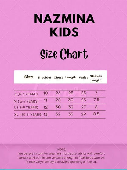 Nazmina Kids size chart with shoulder, chest, length, waist, and sleeve measurement table