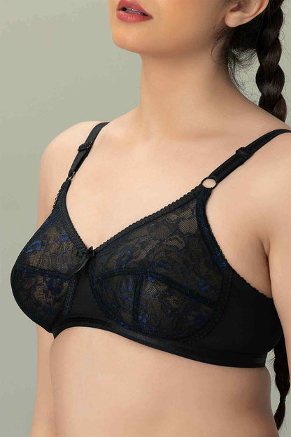 Black lace bra with adjustable straps and V-neck cup styling
