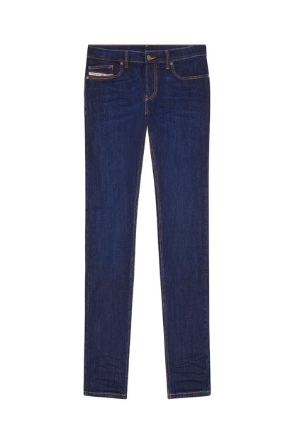 Blue denim jeans flat front view with straight legs, belt loops and zip fly