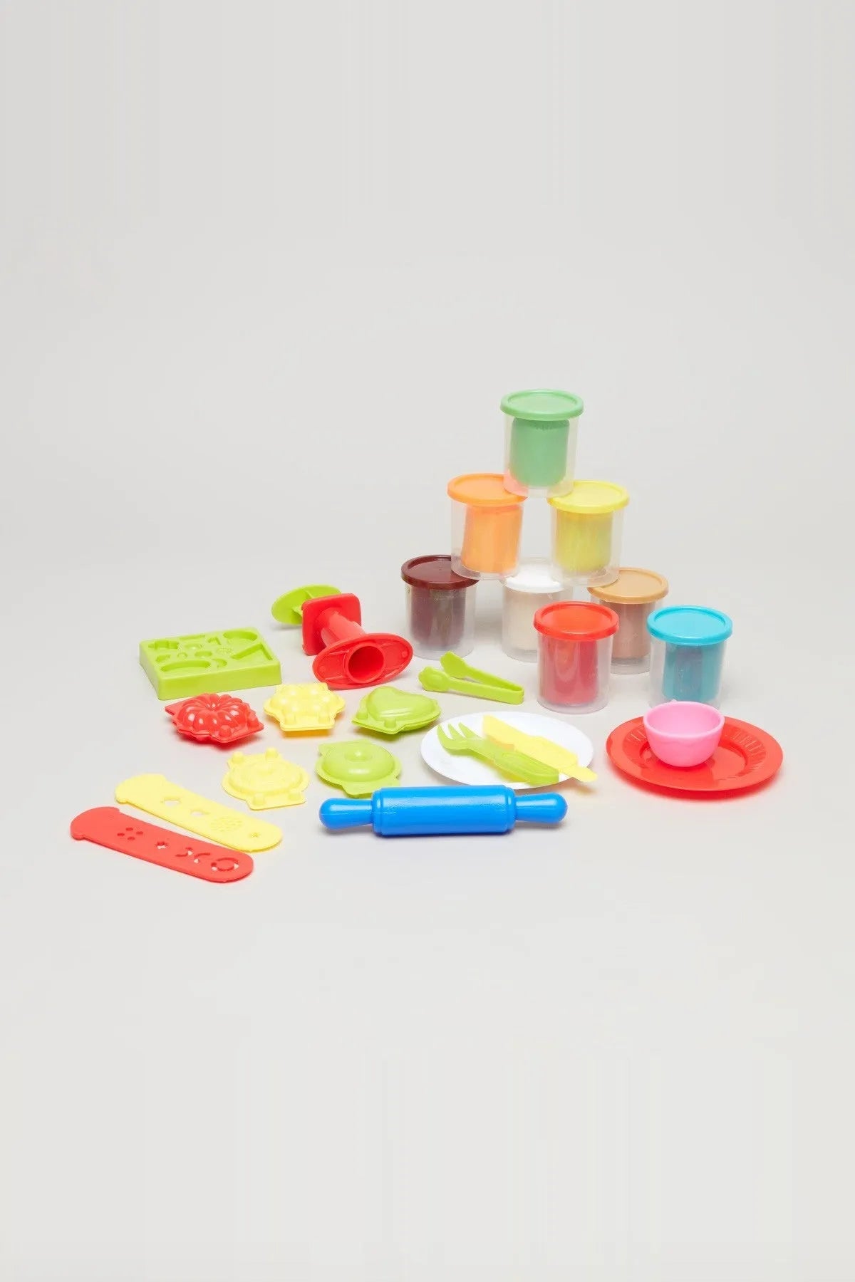 Assorted colorful playdough molds and cups with handle pieces