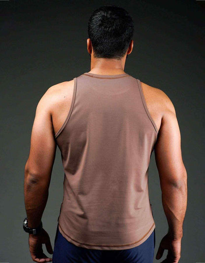 Men's taupe sleeveless tank top, racerback style; back view