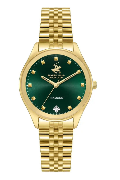 Gold metal wristwatch with green dial and link bracelet, Beverly Hills Polo Club logo