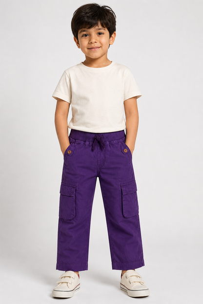 Purple cargo pants with elastic waistband, drawstring, and side cargo pockets