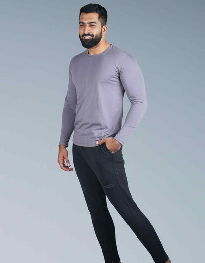 Bodybrics men's mauve long-sleeve crewneck shirt, side view