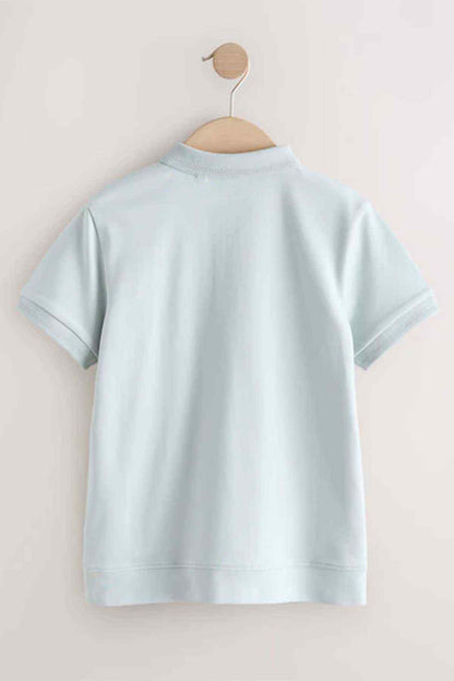 Light blue short-sleeve half-zip shirt, back view with neat hem