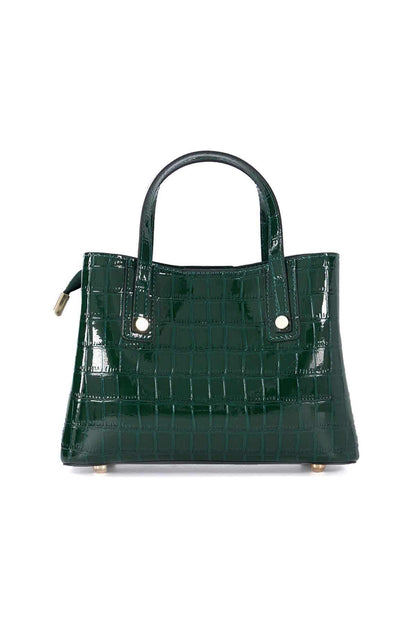 Dark green croc-embossed patent tote bag with short handles and front eyelet details