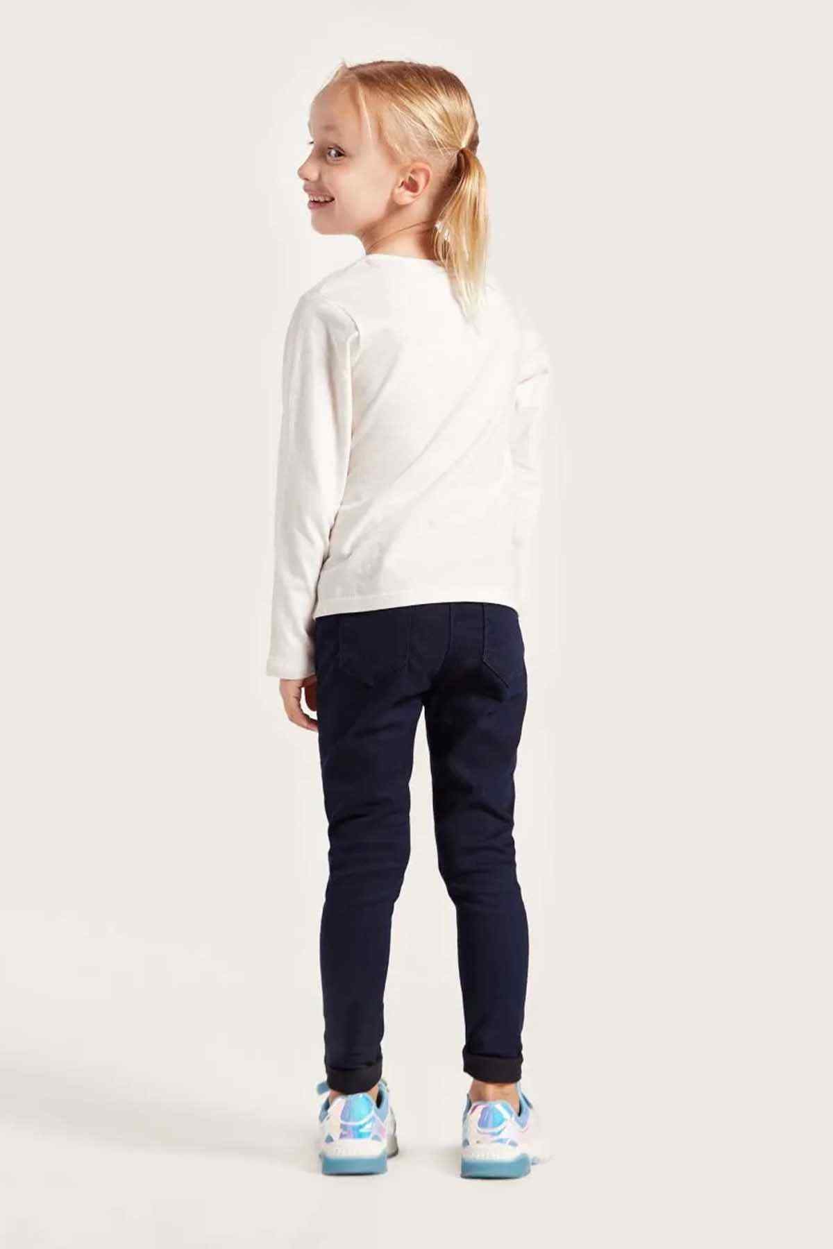 Dark navy kids' pants, straight slim legs, pull-on style