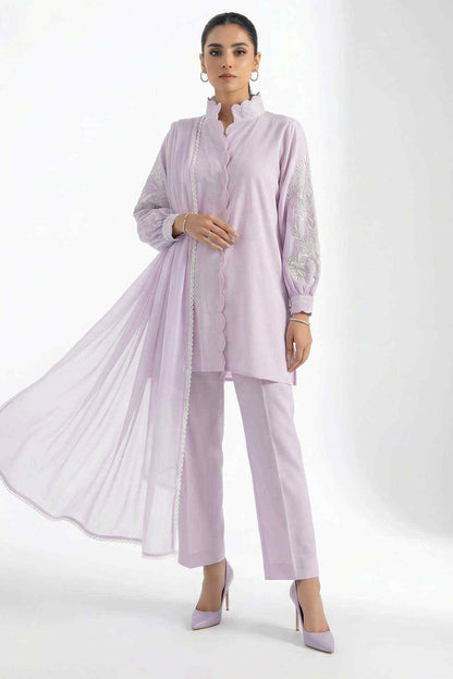 Lilac button-front kurta with lace panels, straight pants, and flowing sheer dupatta