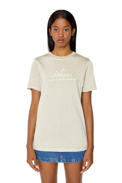 Beige T-shirt with Diesel script logo, crew neck, short sleeves