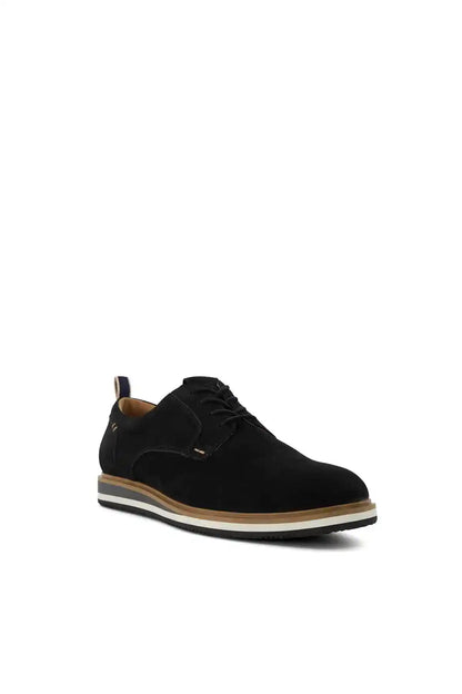 Black lace-up suede oxford shoes with contrast tan-and-white striped sole