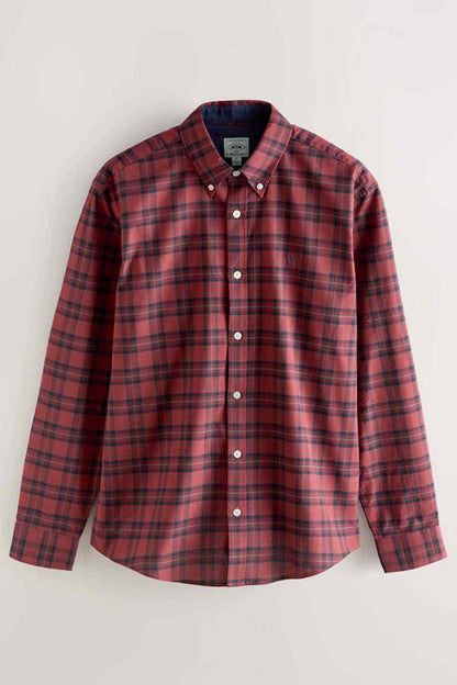 NEXT burgundy red plaid button-up shirt with collar and long sleeves