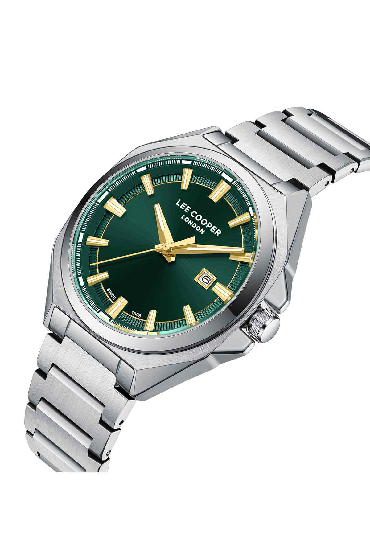 Silver stainless steel wristwatch, green dial, gold hands, angled side view