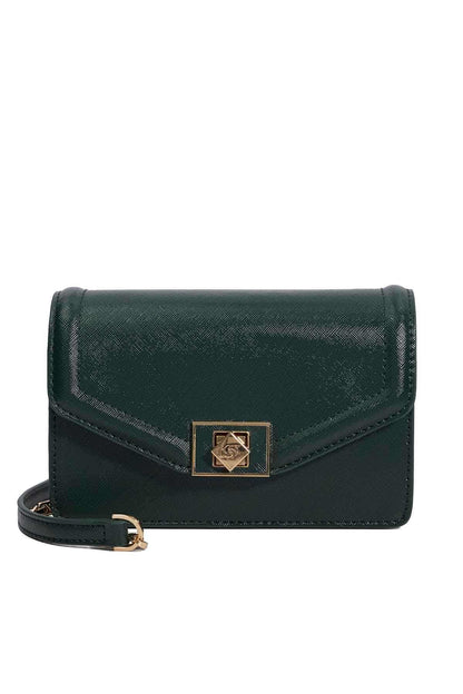 Dune London dark green flap crossbody bag with logo plaque and strap
