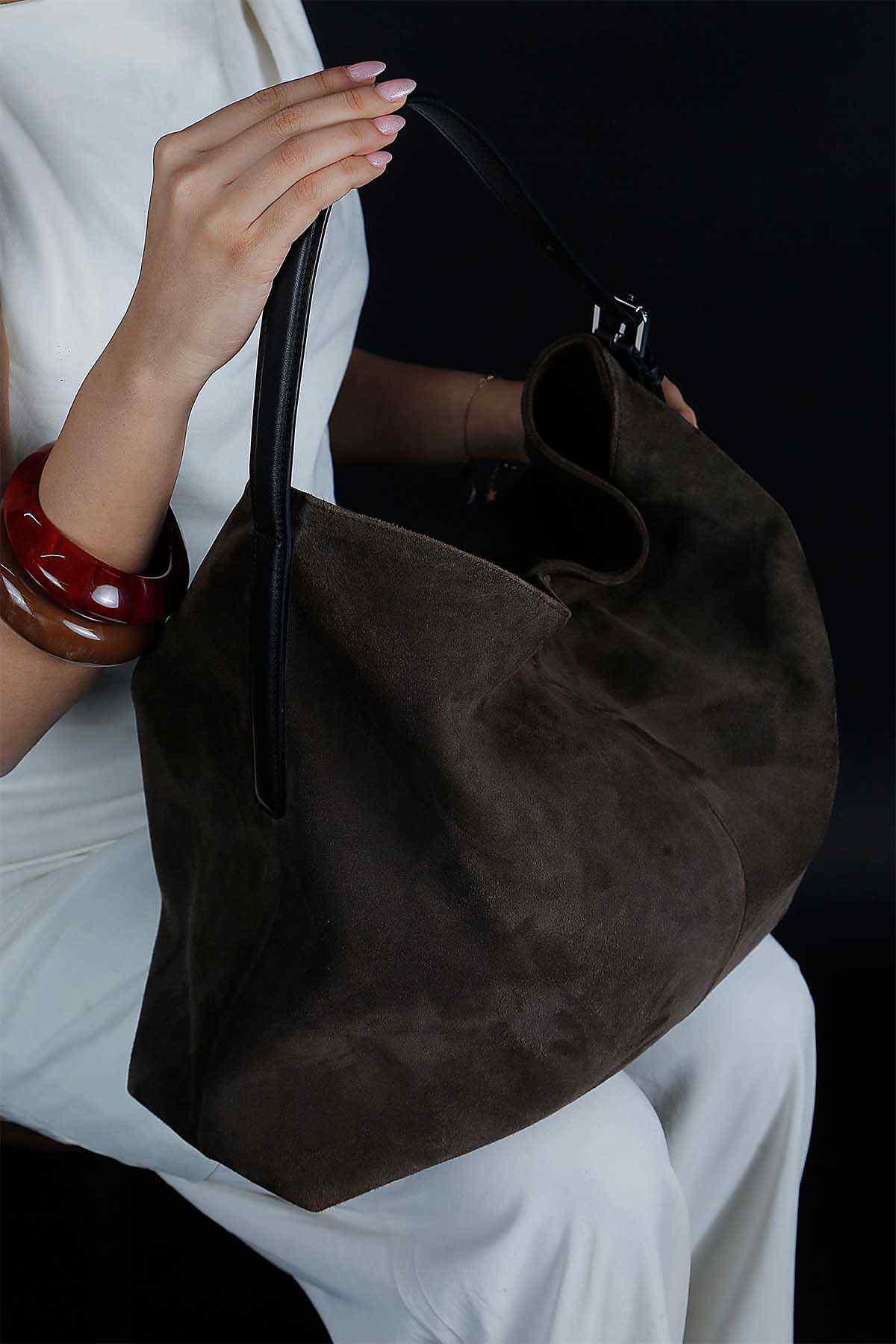 Dark moss suede hobo tote bag with roomy open top and side gussets