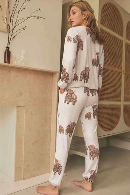 Oatmeal printed pajama set back view: long-sleeve top and full-length jogger pants