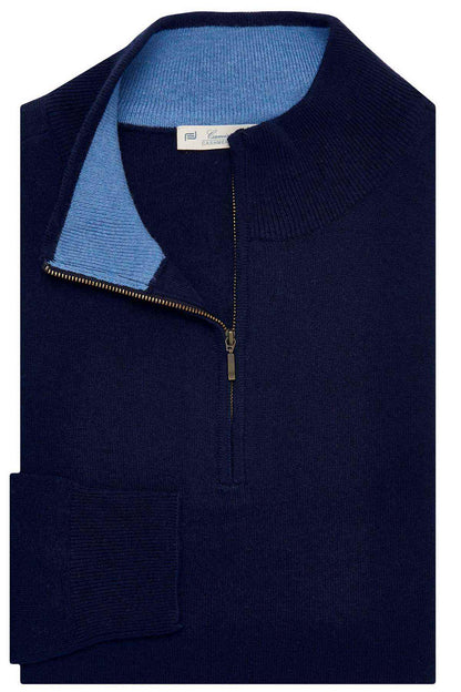 Navy quarter-zip sweater with ribbed collar, chest pocket, blue knit lining