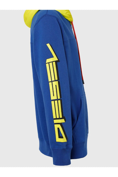 Diesel blue zip-up hoodie with neon yellow graphic on sleeve