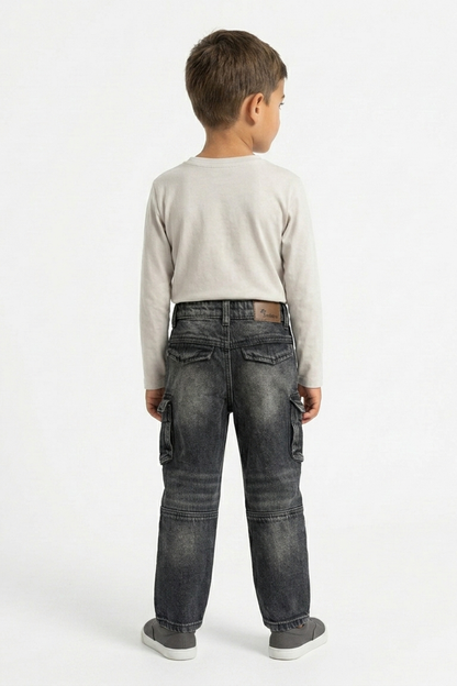 Black washed denim cargo jeans back view with patch pockets