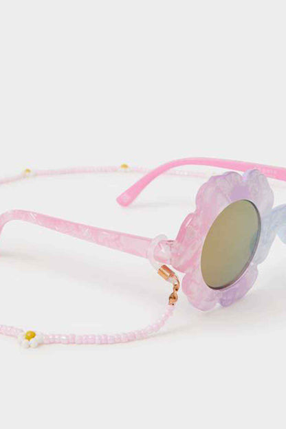 Pink round-lens sunglasses with translucent heart-style frames and beaded strap