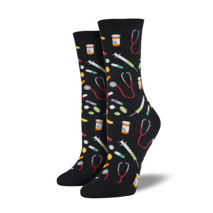 Black crew socks with colorful medical icons, including stethoscope and capsules