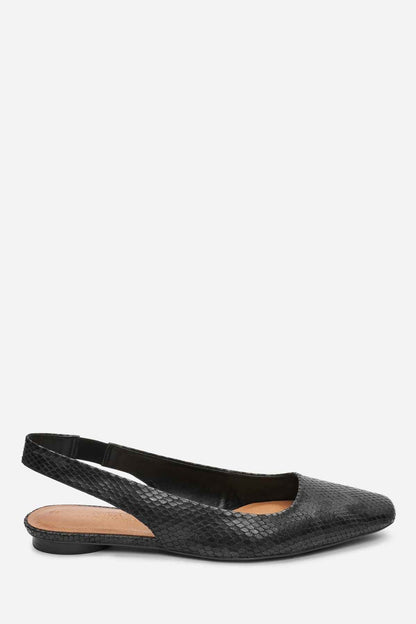 Black textured leather-look ballet flats with pointed toe and sling strap
