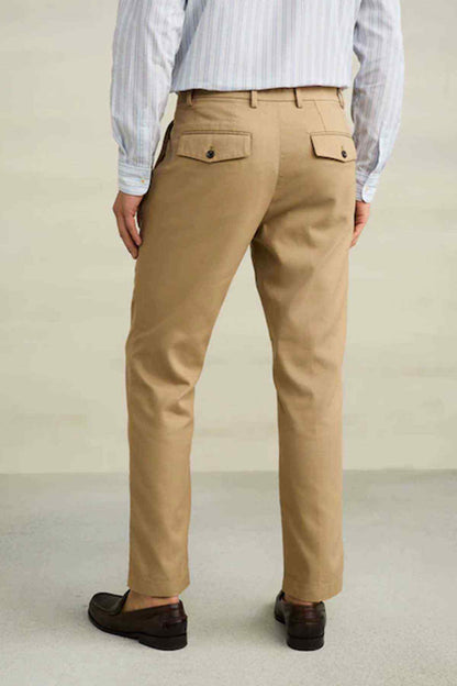 Men's stone chino trousers with flap pockets and button detailing
