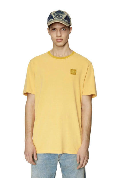 Diesel yellow crewneck T-shirt with small chest logo patch, short sleeves