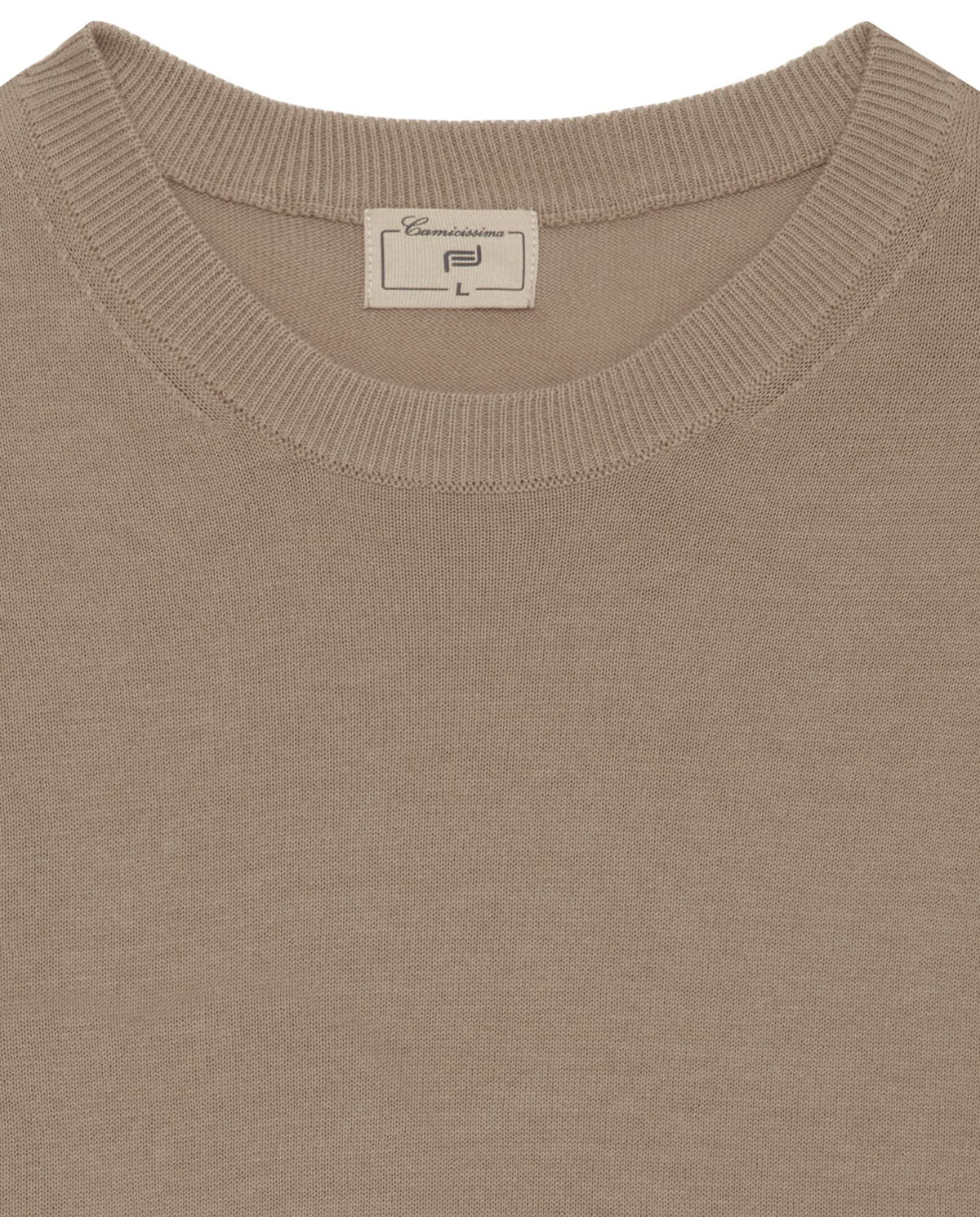 Taupe brown crewneck knit top close-up, ribbed collar and neckline label