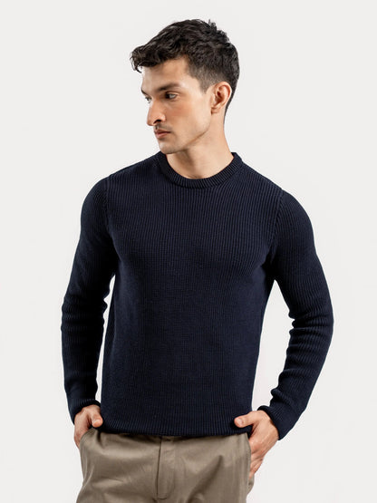 Men's navy blue cotton crewneck sweater with ribbed collar and long sleeves
