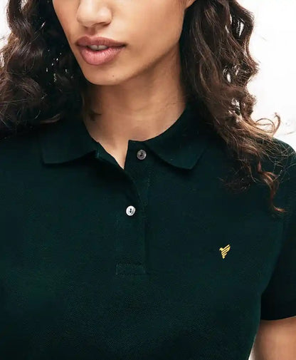 Dark green fitted polo shirt with short sleeves, button placket, and small chest logo