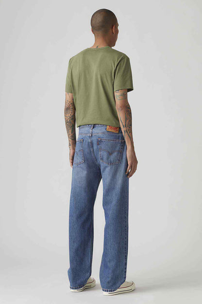 Dark wash jeans back view with straight-leg fit