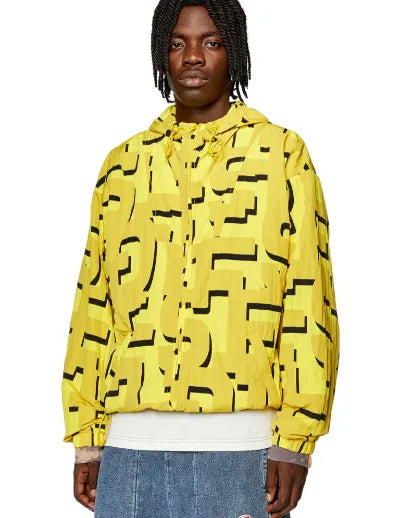 Yellow hooded zip-up hoodie with black abstract print and ribbed cuffs