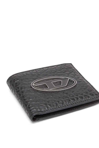 Black embossed leather bi-fold wallet with oval logo close-up
