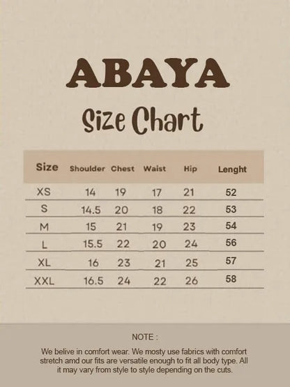 Nazmina abaya size chart: XS–XXL shoulder, chest, waist, hip, length