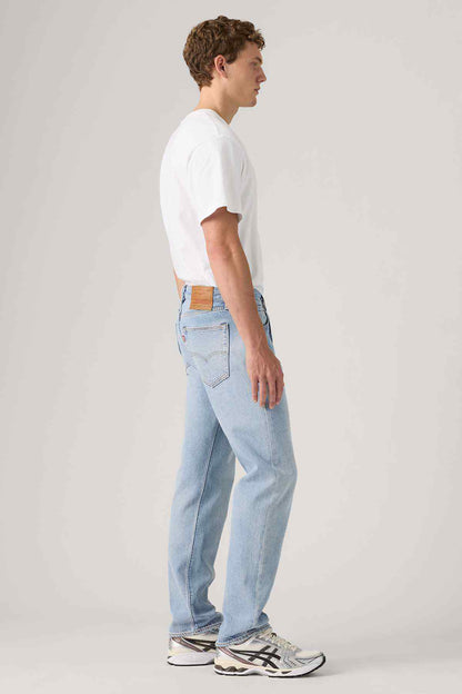 Levi's light indigo straight relaxed jeans, side seam and front pocket visible
