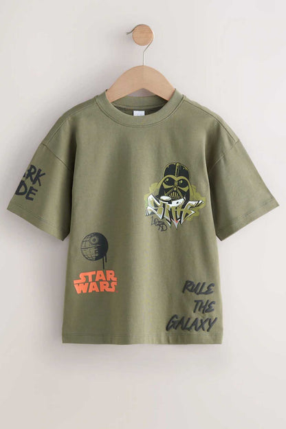 Olive green crew-neck graphic T-shirt with Star Wars style front print
