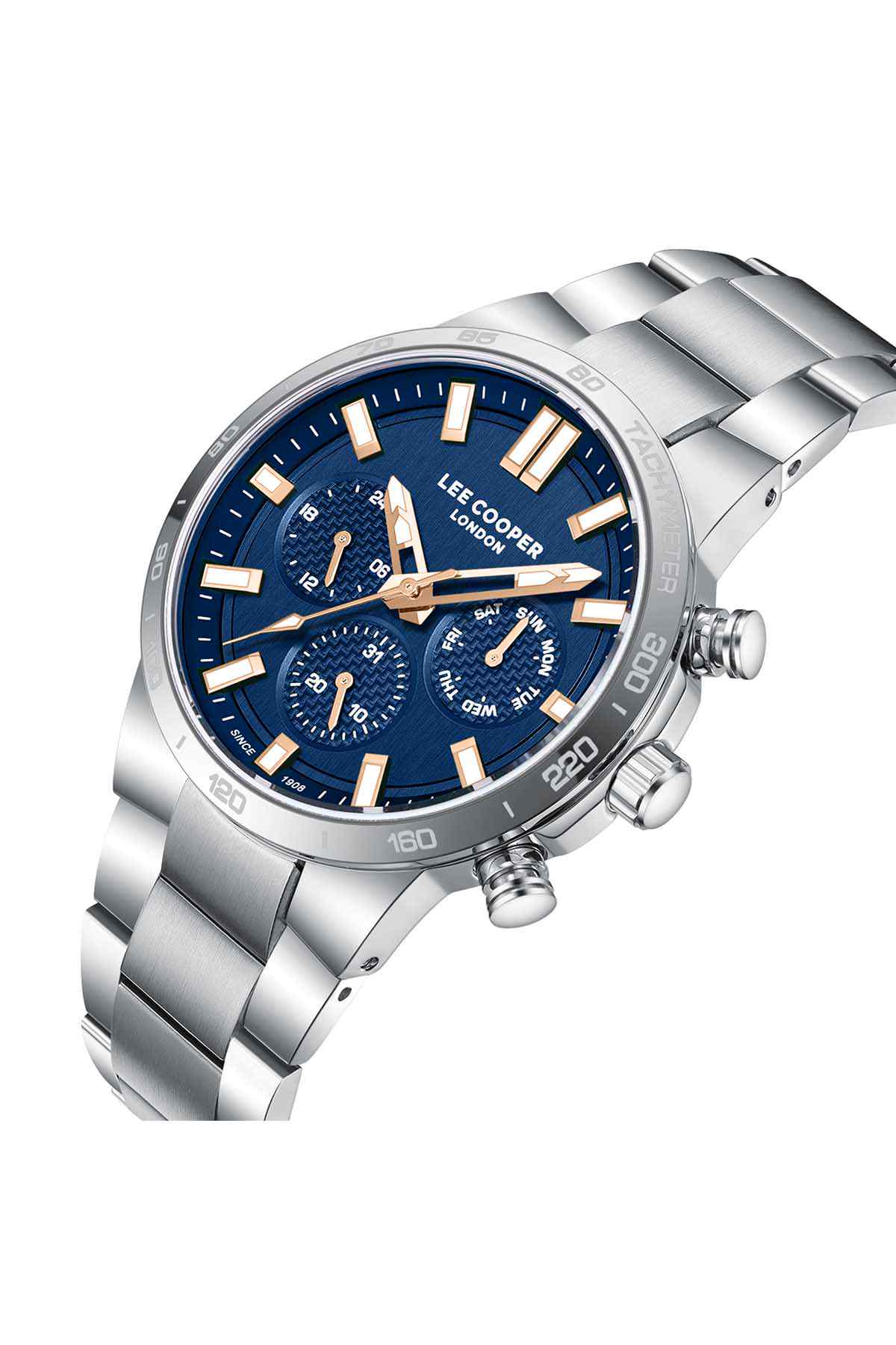 Silver chronograph watch with blue dial, gold-tone hands, subdials and pushers