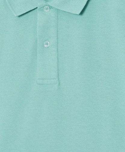 Fitted turquoise polo shirt placket detail with two buttons and ribbed collar