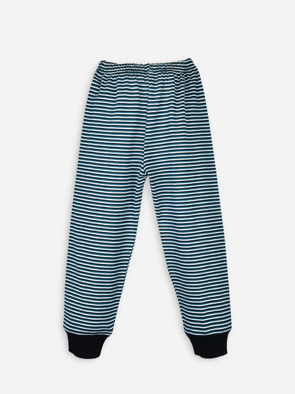 Navy striped pajama pants with black cuffs and ankle hems