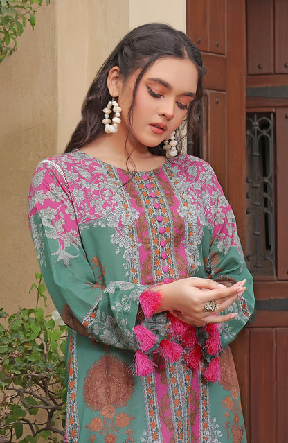 Teal floral tunic close-up with pink embroidery, wide sleeves, round neckline