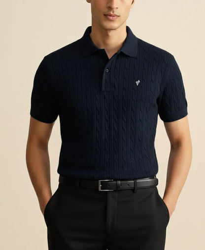 Dark navy textured knit polo shirt with short sleeves and small chest logo
