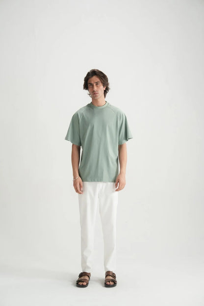Teal crew-neck short-sleeve T-shirt, back view